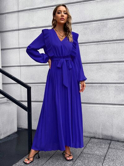 Pleated Surplice Tie Waist Maxi Dress |1mrk.com