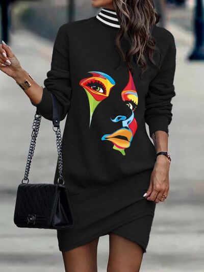 Printed Turtleneck Long Sleeve Mini Dress | 1mrk.com