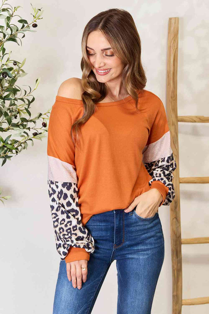 Double Take Leopard Long Sleeve Round Neck Sweatshirt |1mrk.com