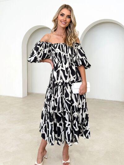 Printed Smocked Off-Shoulder Tiered Dress |1mrk.com