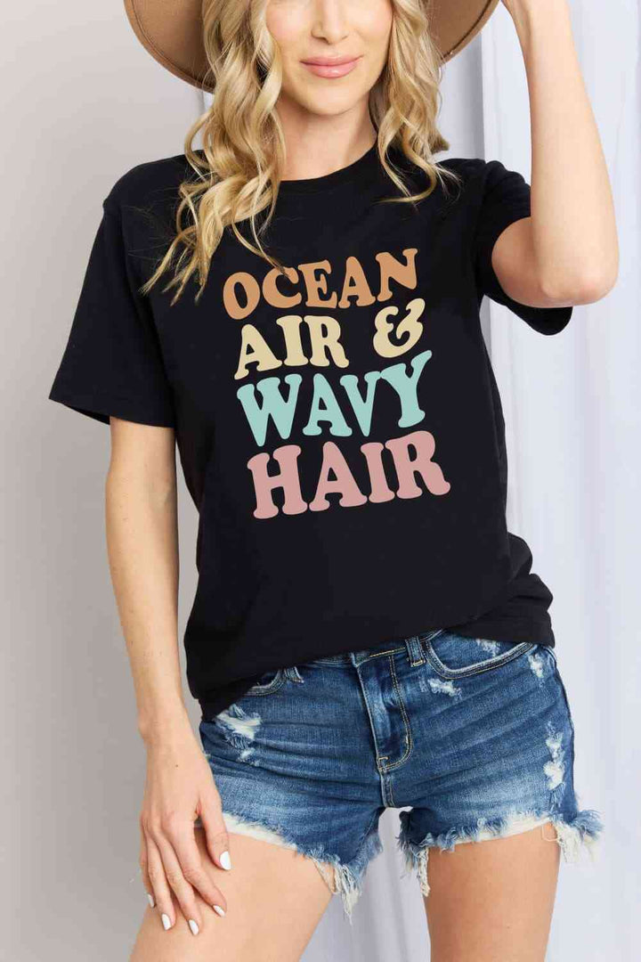 Simply Love Full Size OCEAN AIR & WAVY HAIR Graphic Cotton T-Shirt | 1mrk.com