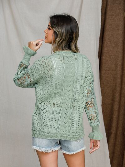 Eyelet Crochet Lantern Sleeve Sweater |1mrk.com