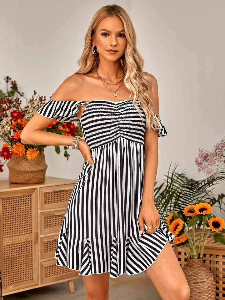 Striped Smocked Ruffle-Shoulder Sleeveless Dress |1mrk.com