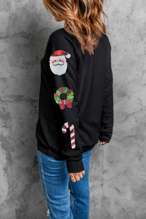 Sequin Christmas Element  Round Neck Sweatshirt |1mrk.com