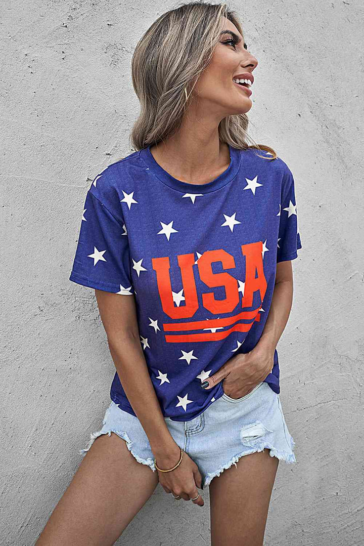 USA Star Print Round Neck T-Shirt | 1mrk.com