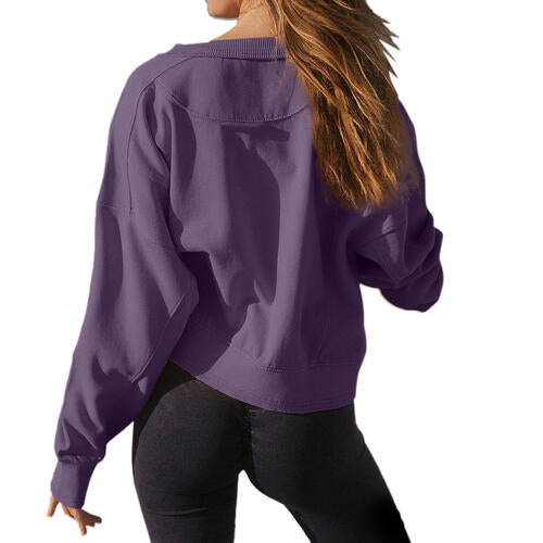 Round Neck Drop Shoulder Long Sleeve Sweatshirt |1mrk.com