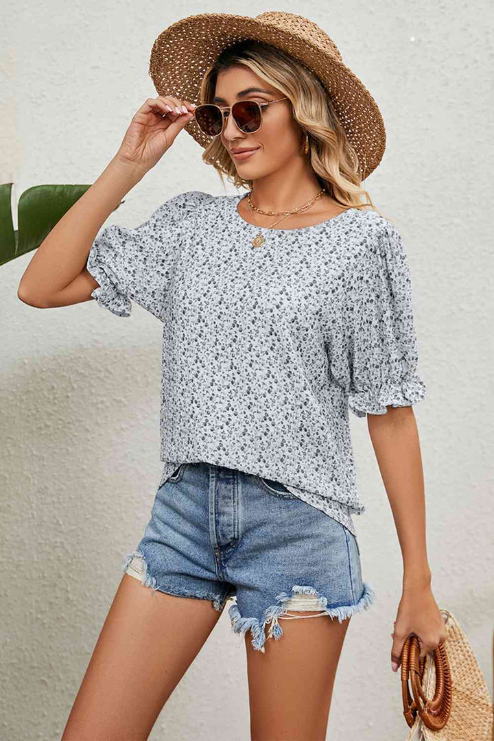 Round Neck Flounce Sleeve Blouse | 1mrk.com