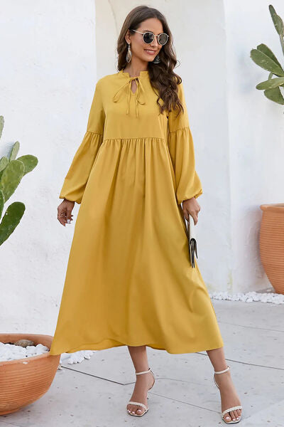 Ruched Tie Neck Balloon Sleeve Midi Dress |1mrk.com