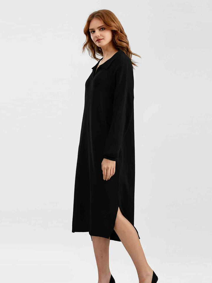 Johnny Collar Long Sleeve Slit Sweater Dress |1mrk.com