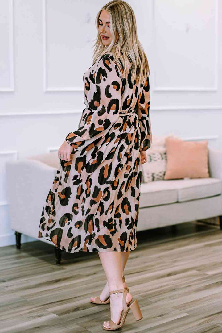 Plus Size Leopard Print Surplice Neck Long Sleeve Midi Dress |1mrk.com