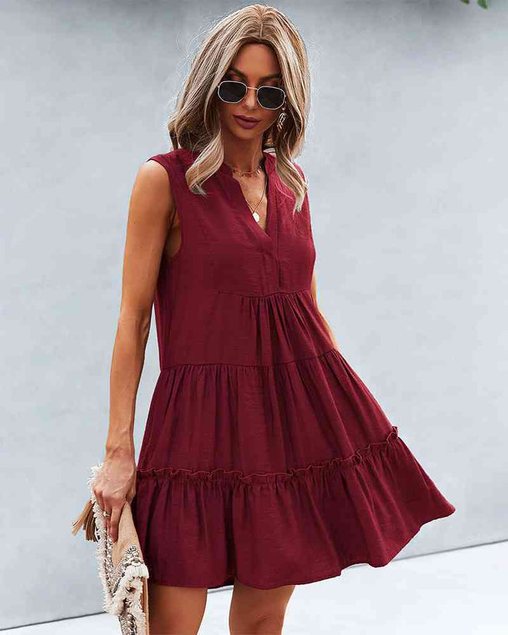 Frill Trim Notched Sleeveless Tiered Dress |1mrk.com