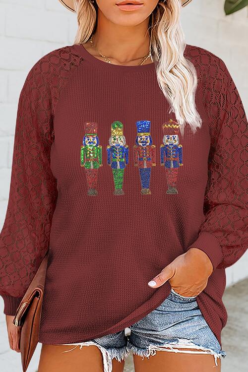 Plus Size Waffle-Knit Sequin Nutcracker Lace Detail Sweatshirt |1mrk.com