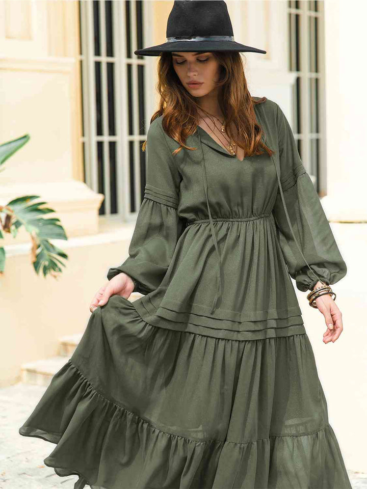 Tie Neck Long Sleeve Midi Tiered Dress | 1mrk.com