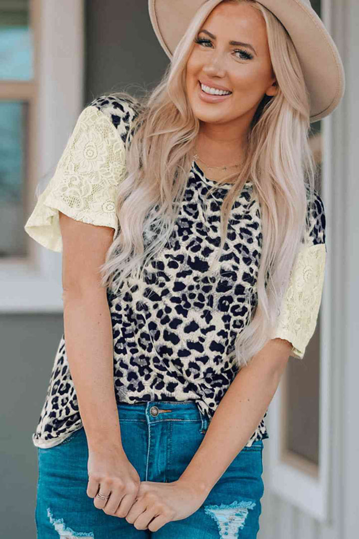 Leopard Print Lace Sleeve Round Neck Tee | 1mrk.com