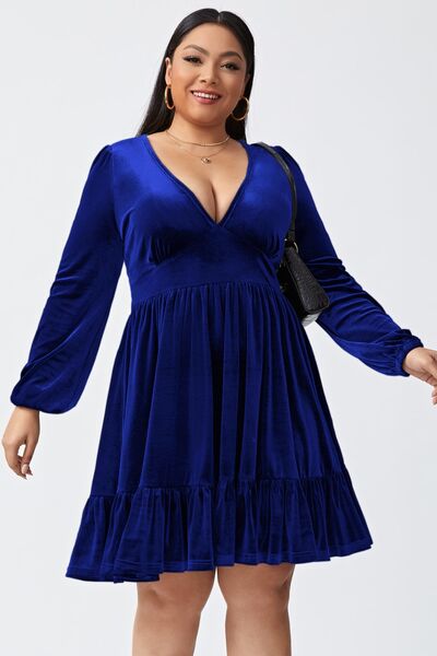 Plus Size Plunge Long Sleeve Mini Dress |1mrk.com