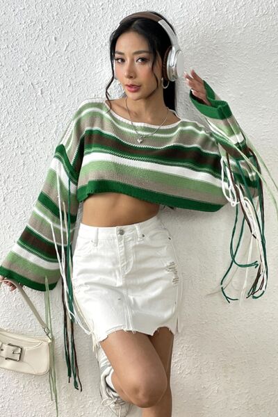 Fringe Striped Round Neck Knit Top | Trendsi