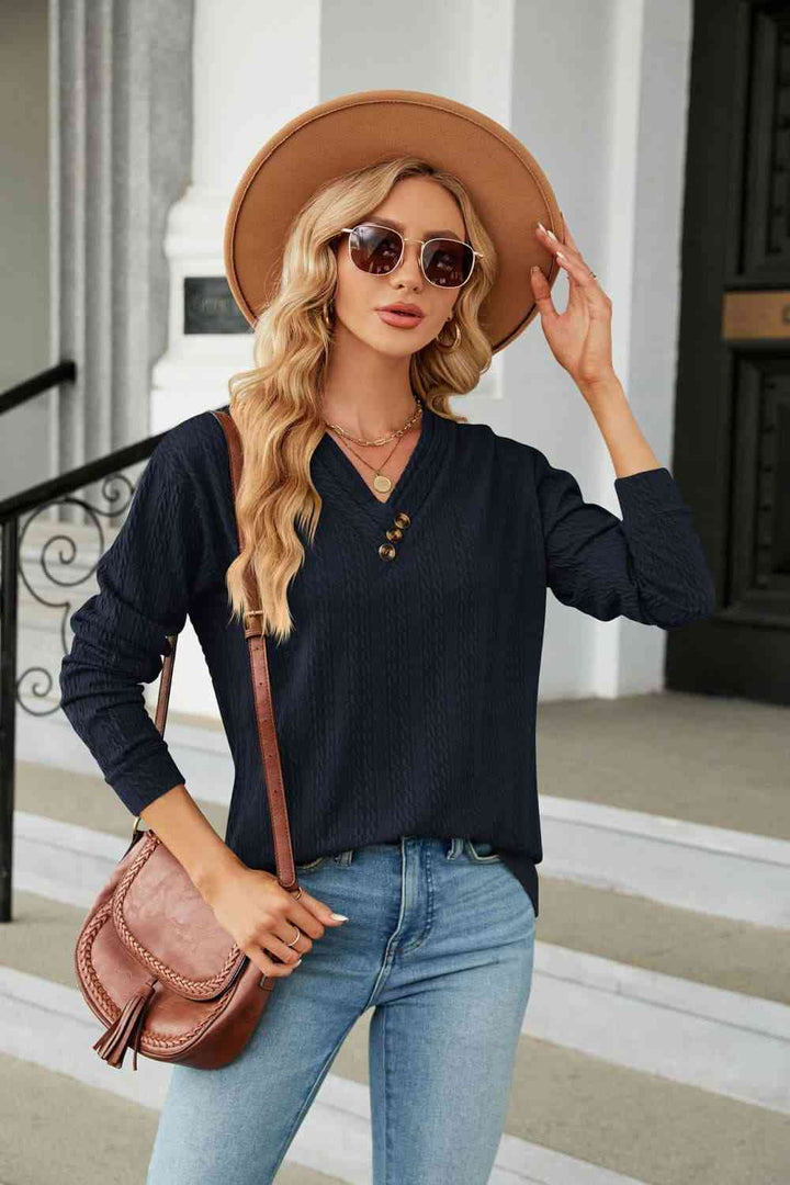 Decorative Button V-Neck Long Sleeve T-Shirt | 1mrk.com