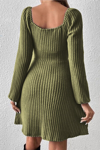 Ribbed Tied Square Neck Long Sleeve Mini Dress |1mrk.com