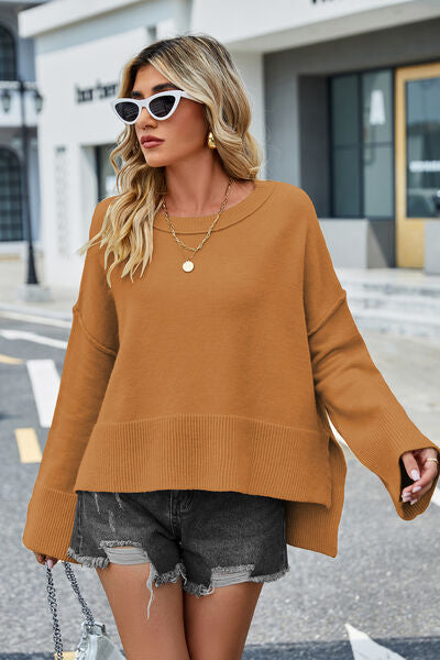 High-Low Slit Round Neck Long Sleeve Sweater | Trendsi
