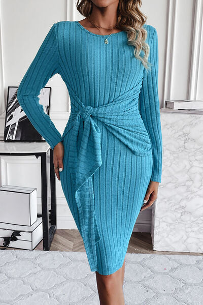 Ribbed Tied Long Sleeve Wrap Dress | 1mrk.com