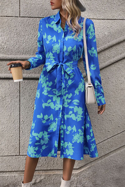 Printed Button Up Tie Waist Dress |1mrk.com