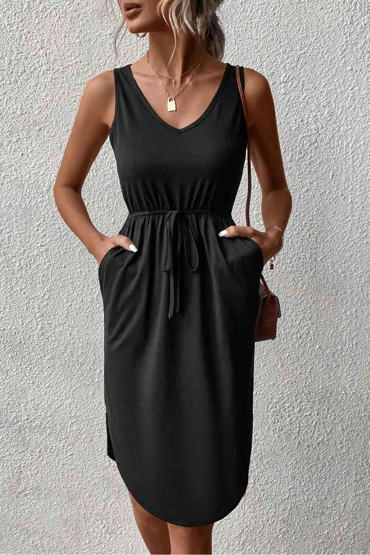 V-Neck Curved Hem Sleeveless Dress |1mrk.com