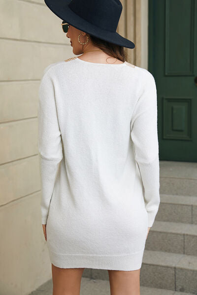 V-Neck Long Sleeve Mini Sweater Dress | 1mrk.com