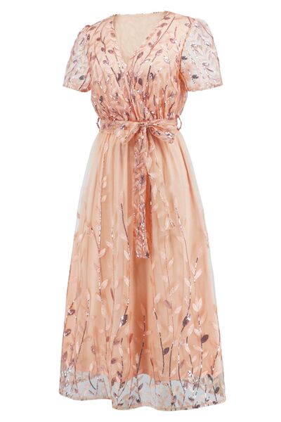 Sequin Leaf Embroidery Tie Front Short Sleeve Dress |1mrk.com