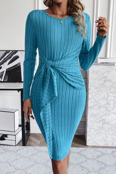 Ribbed Tied Long Sleeve Wrap Dress | 1mrk.com