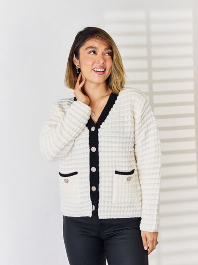 Contrast Trim Button Up Cardigan |1mrk.com