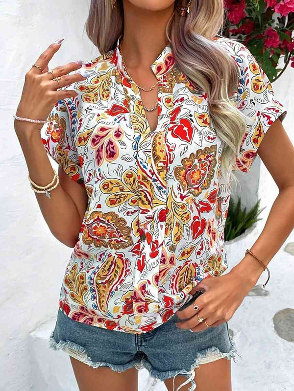 Printed Notched Neck Short Sleeve Blouse | 1mrk.com