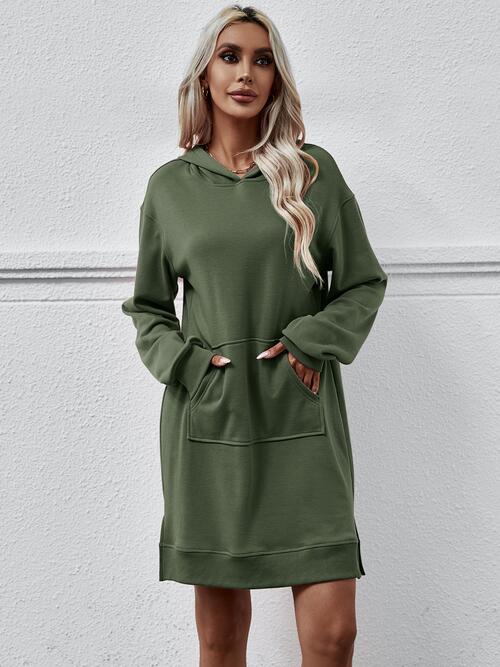 Slit Long Sleeve Hooded Dress with Pocket | 1mrk.com