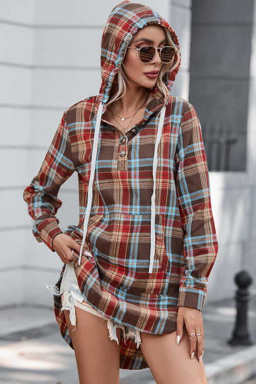 Plaid Drawstring Long Sleeve Hooded Dress with Pocket |1mrk.com