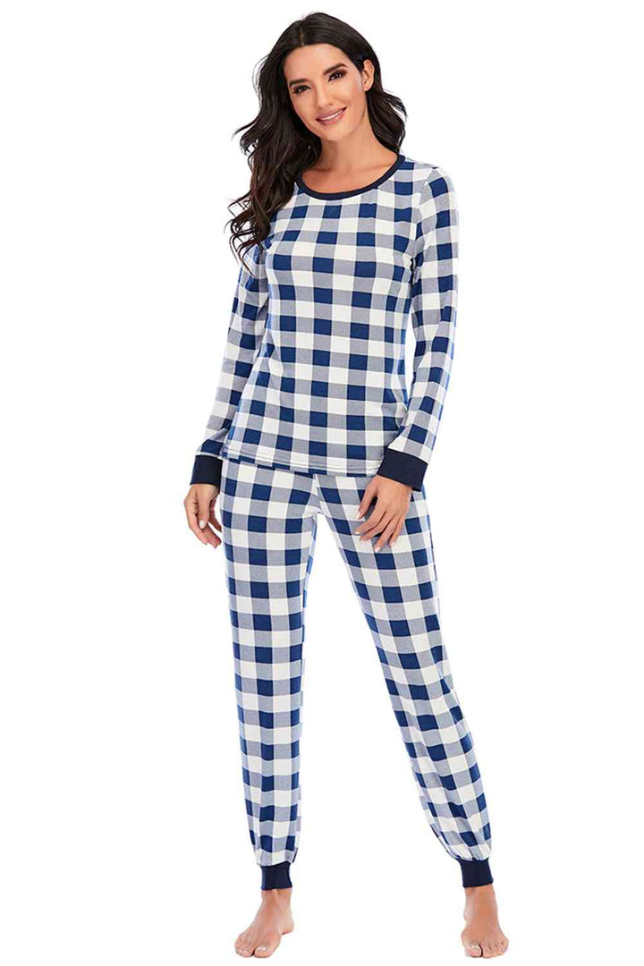 Plaid Round Neck Top and Pants Set | 1mrk.com