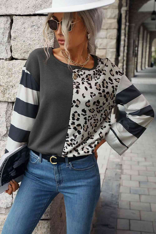 Leopard Striped Round Neck Long Sleeve Tee | 1mrk.com