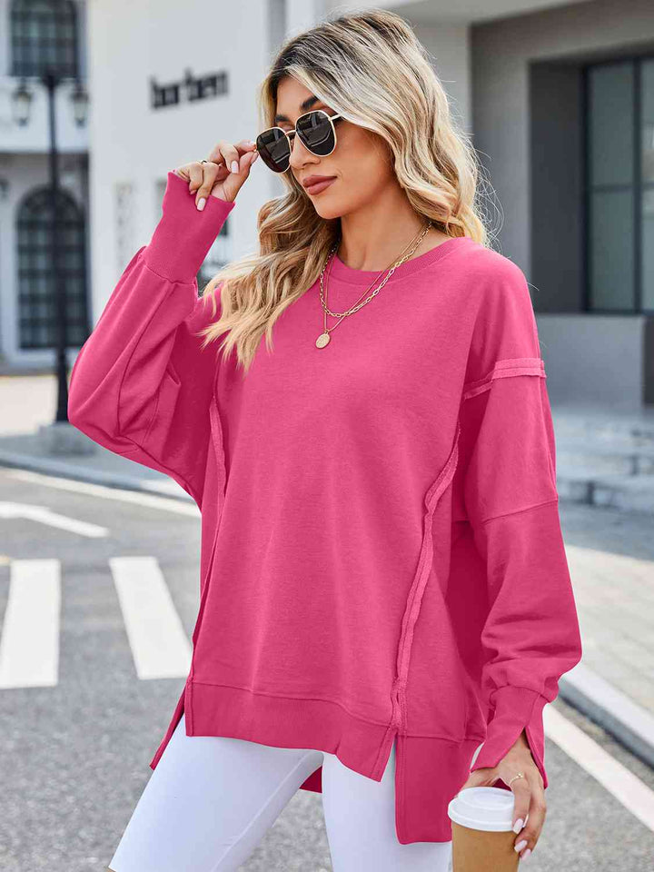 Exposed Seam High-Low Round Neck Sweatshirt |1mrk.com