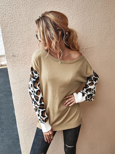 Leopard Round Neck Dropped Shoulder Sweater |1mrk.com