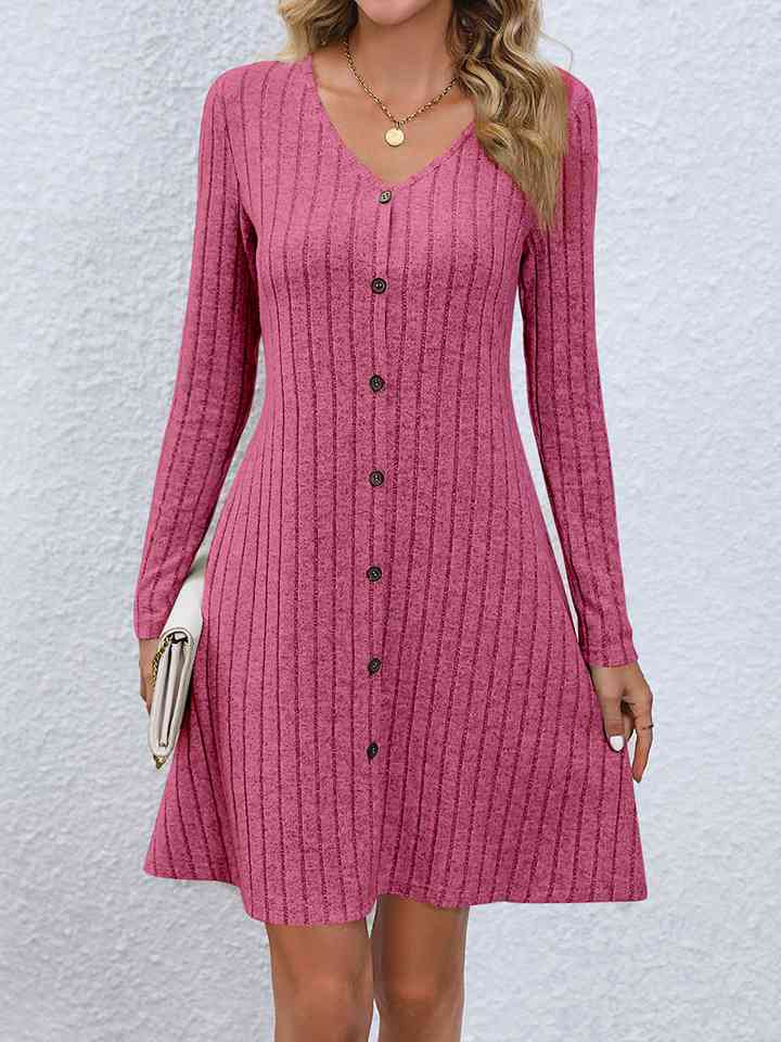 V-Neck Long Sleeve Mini Dress |1mrk.com