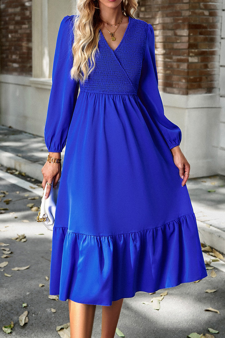 Smocked Surplice Long Sleeve Midi Dress | Trendsi