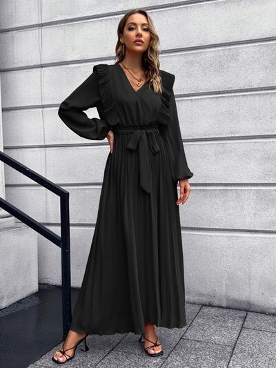 Pleated Surplice Tie Waist Maxi Dress |1mrk.com