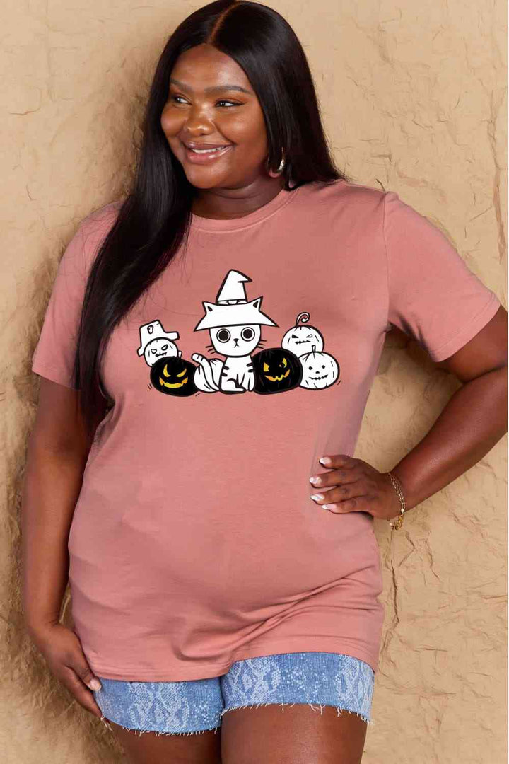 Simply Love Full Size Cat & Pumpkin Graphic Cotton T-Shirt | 1mrk.com