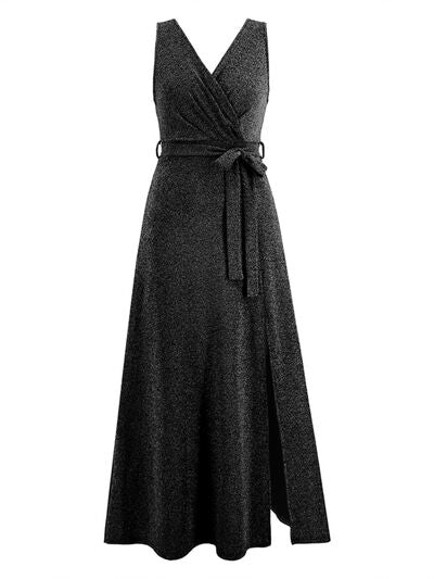 Slit Surplice Tie Waist Sleeveless Dress |1mrk.com