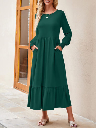 Round Neck Lantern Sleeve Ruffle Hem Dress | 1mrk.com