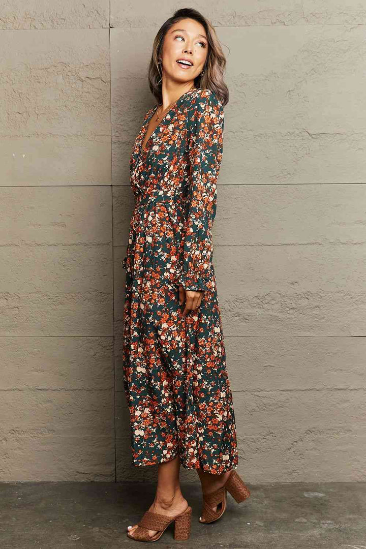 Printed Surplice Neck Long Sleeve Dress | 1mrk.com