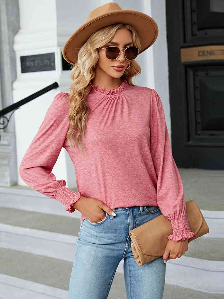 Round Neck Flounce Sleeve Blouse | 1mrk.com