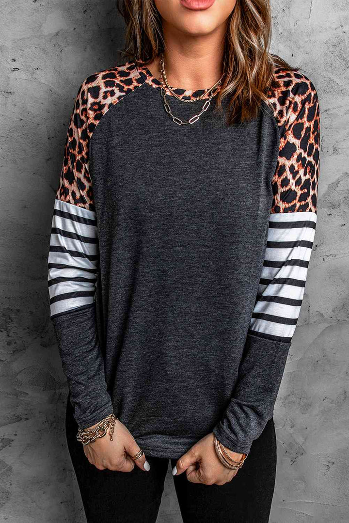 Leopard Striped Raglan Sleeve Top | 1mrk.com