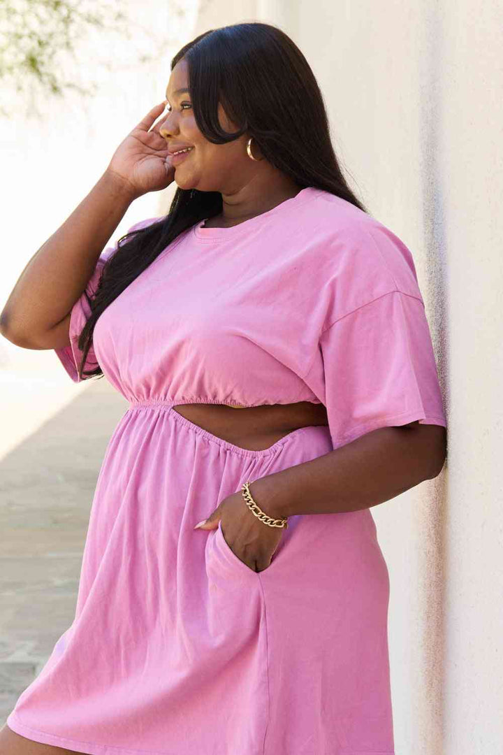 HEYSON Summer Field Full Size Cutout T-Shirt Dress in Carnation Pink | 1mrk.com