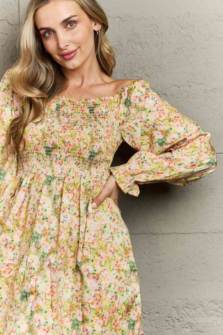 Floral Smocked Square Neck Dress |1mrk.com