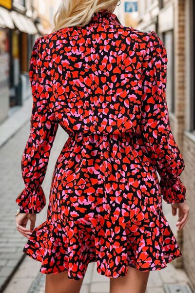 Heart Printed Mock Neck Flounce Sleeve Dress |1mrk.com