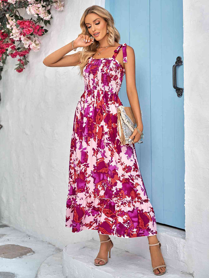 Floral Tie-Shoulder Frill Trim Smocked Dress |1mrk.com